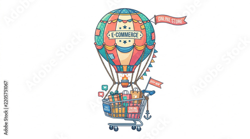 E-commerce concept with hot air balloon carrying a shopping cart filled with gift boxes and packages for online shopping