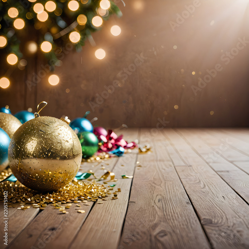 Golden Christmas baubles with glittery texture rest on rustic wooden floorboards with bokeh light.