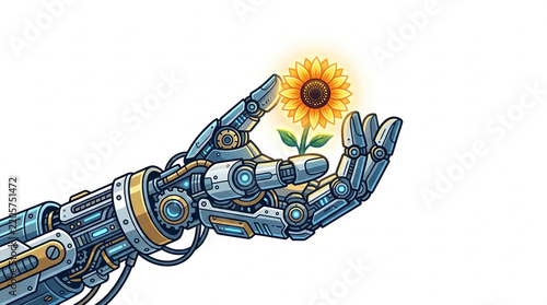 Robotic Hand Gently Holding a Delicate Sunflower, Symbolizing Hope and New Beginnings in a Digital Age