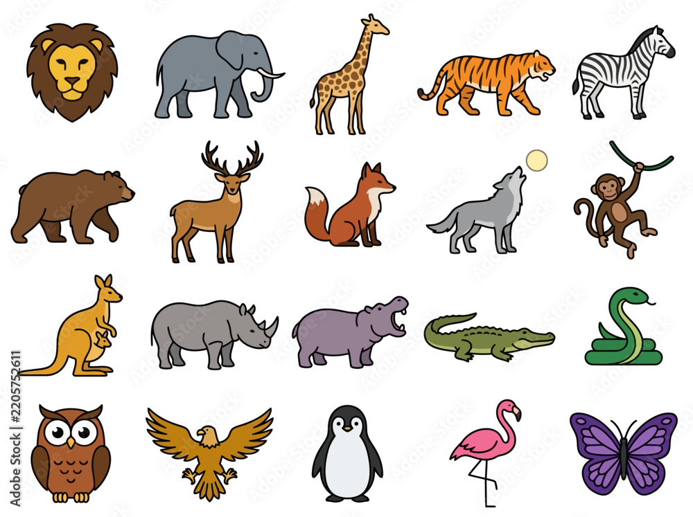 Obraz premium Wild Animals Vector Icon Set - Large Collection of Safari, Zoo, Forest, and Jungle Wildlife Icons including Lion, Elephant, Tiger, and Penguin on White Background