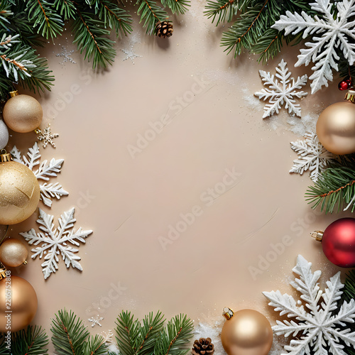 Christmas ornaments and pine branches frame an empty beige surface for copy space.