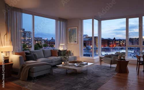 Luxury Living Room with Sunset Water View