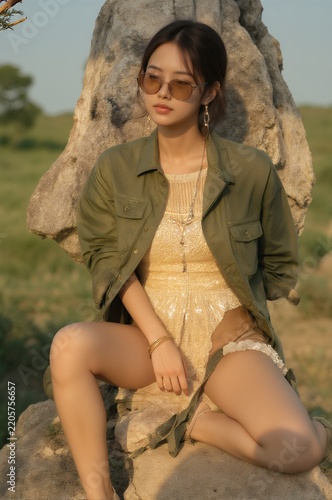 Stylish young woman in sunglasses and olive jacket sitting outdoors, enjoying the golden hour light.