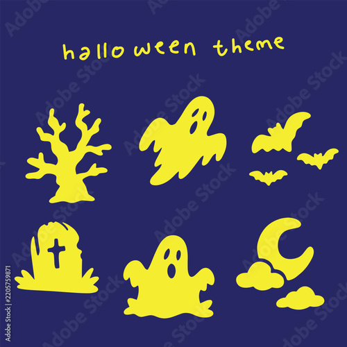 Yellow Halloween Ghost Tombstone Moon Stars Vector Set