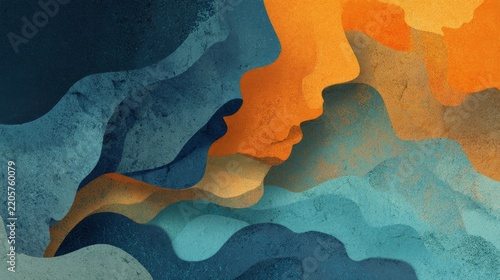 Abstract layered human profiles in shades of blue and orange representing diversity, community, inclusion, unity, equality, social connection, multicultural identity, and togetherness against a clean 