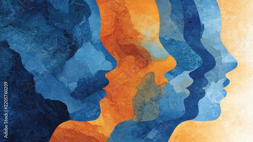 Abstract layered human profiles in shades of blue and orange representing diversity, community, inclusion, unity, equality, social connection, multicultural identity, and togetherness against a clean 