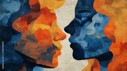 Abstract layered human profiles in shades of blue and orange representing diversity, community, inclusion, unity, equality, social connection, multicultural identity, and togetherness against a clean 