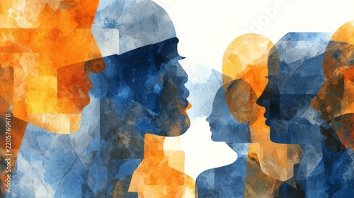 Abstract layered human profiles in shades of blue and orange representing diversity, community, inclusion, unity, equality, social connection, multicultural identity, and togetherness against a clean 