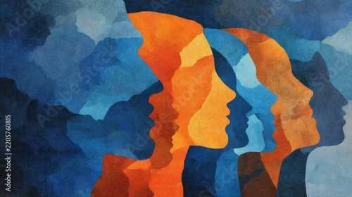 Abstract layered human profiles in shades of blue and orange representing diversity, community, inclusion, unity, equality, social connection, multicultural identity, and togetherness against a clean 