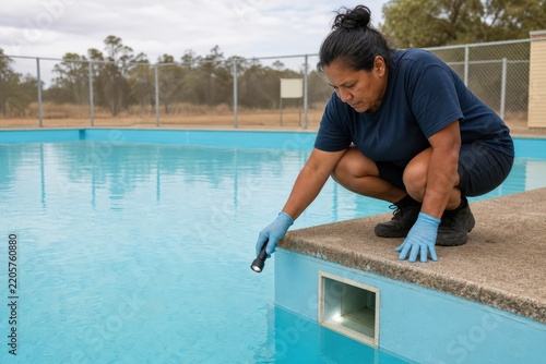 Indigenous technician inspecting a rural skimmer for public pool water quality testing