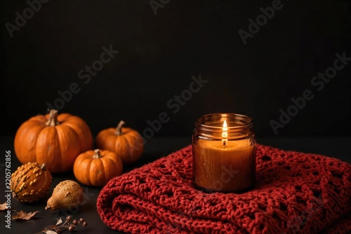 Cozy Autumn Scene with Pumpkins and Lit Candle on Red Scarf.