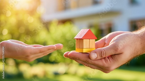 Close up of hands handing over a small wooden toy house model on green blurred background for real estate concept