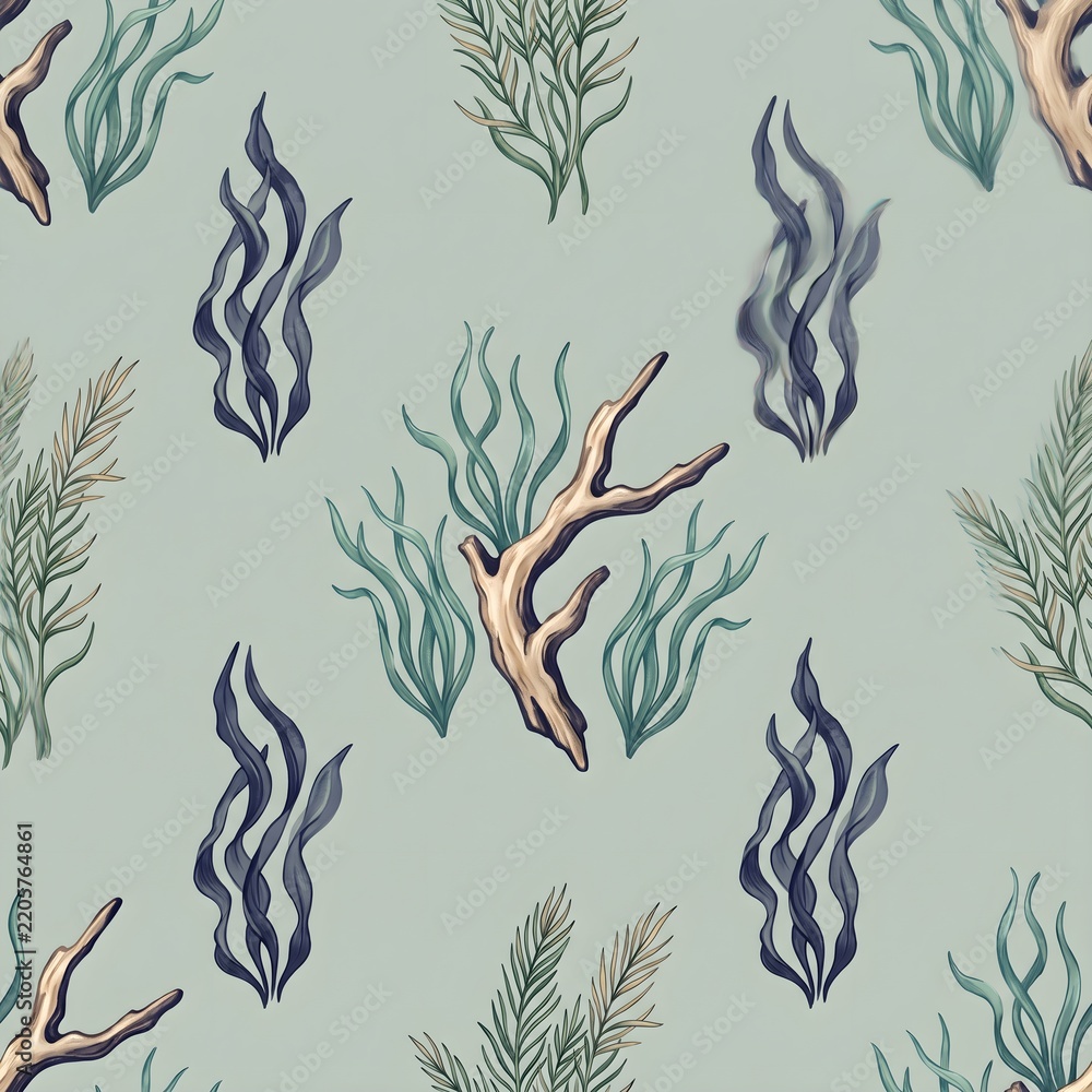 Obraz premium Vintage seaweed seamless pattern, antique ocean coral algae botanical background