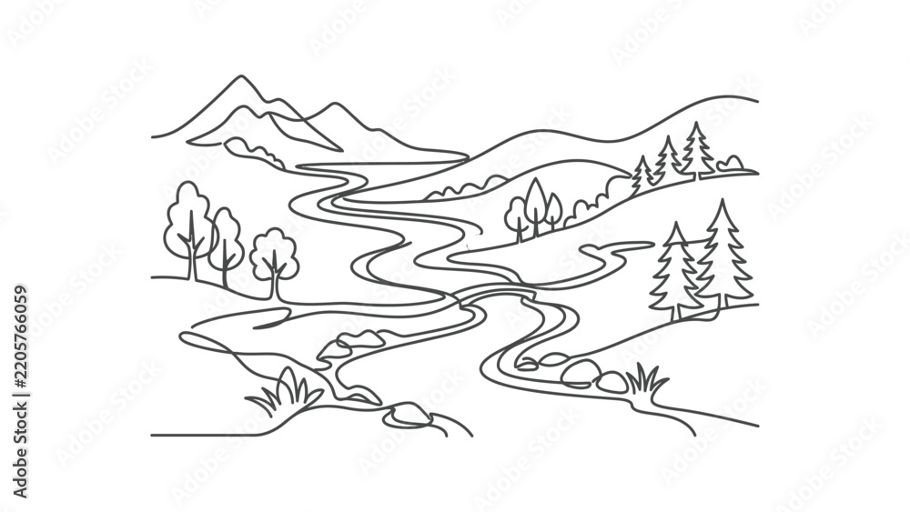 Fototapeta premium Serene Mountain River Landscape Line Art Illustration