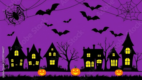 Spooky halloween night background with silhouette haunted houses pumpkins bats and spiderwebs on a purple sky