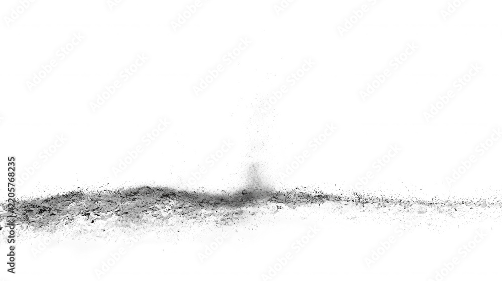 Obraz premium Charcoal dust and ash particles dispersing across a clean white background surface
