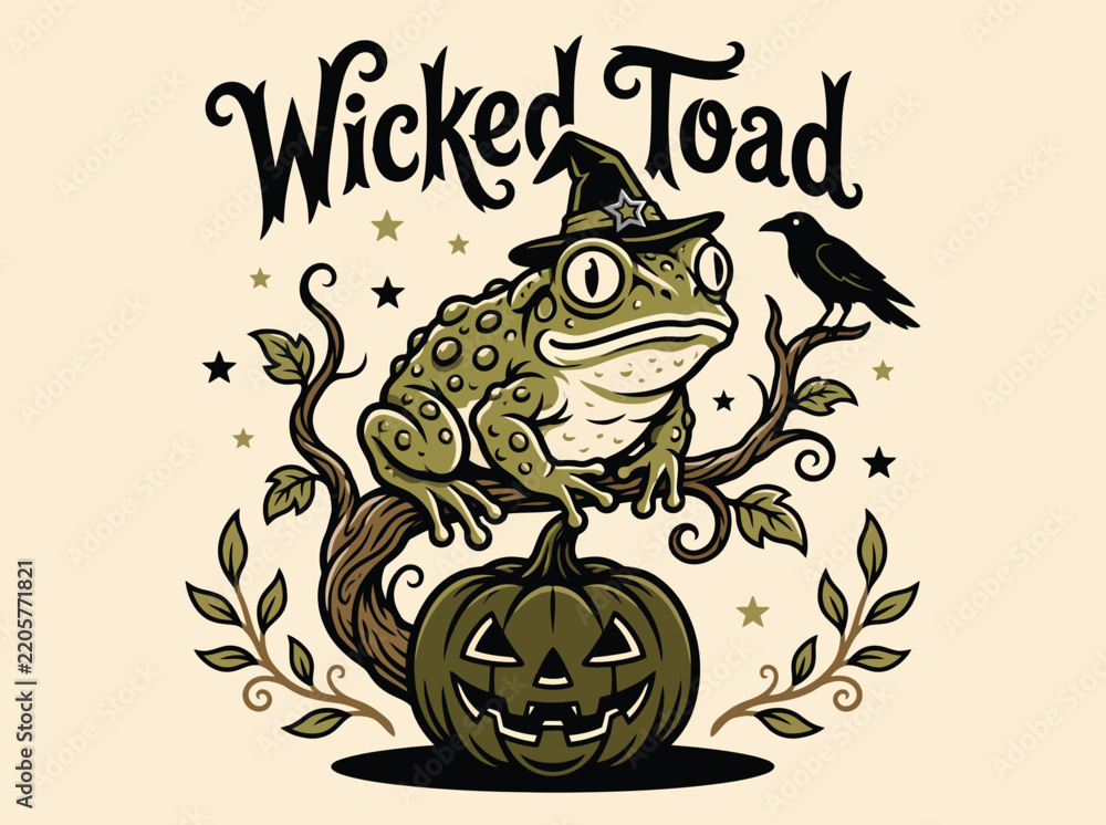 Fototapeta premium Vintage Wicked Toad Halloween Vector Illustration, Retro Witch Frog with Pumpkin and Raven, Spooky Gothic Cottagecore Emblem Design