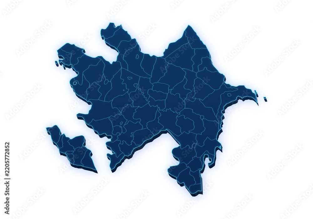 Obraz premium Neon blue pseudo 3D map of Azerbaijan with administrative regions isolated on transparent background