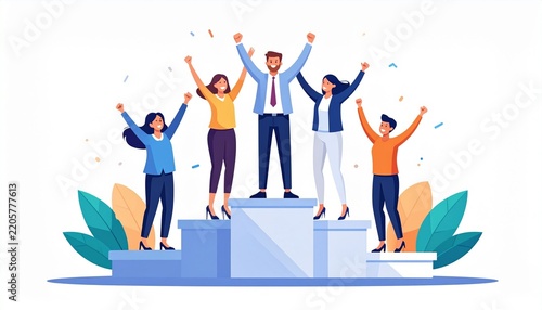Diverse team celebrating success on podium with confetti.