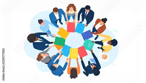 Diverse team collaborating in a colorful circle illustration.