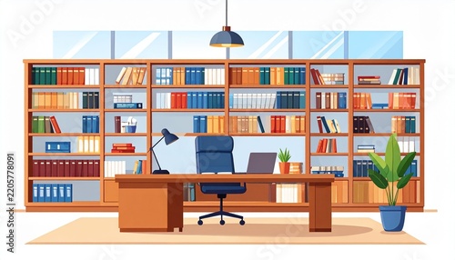 Modern Home Office with Large Bookshelf and Desk Setup.