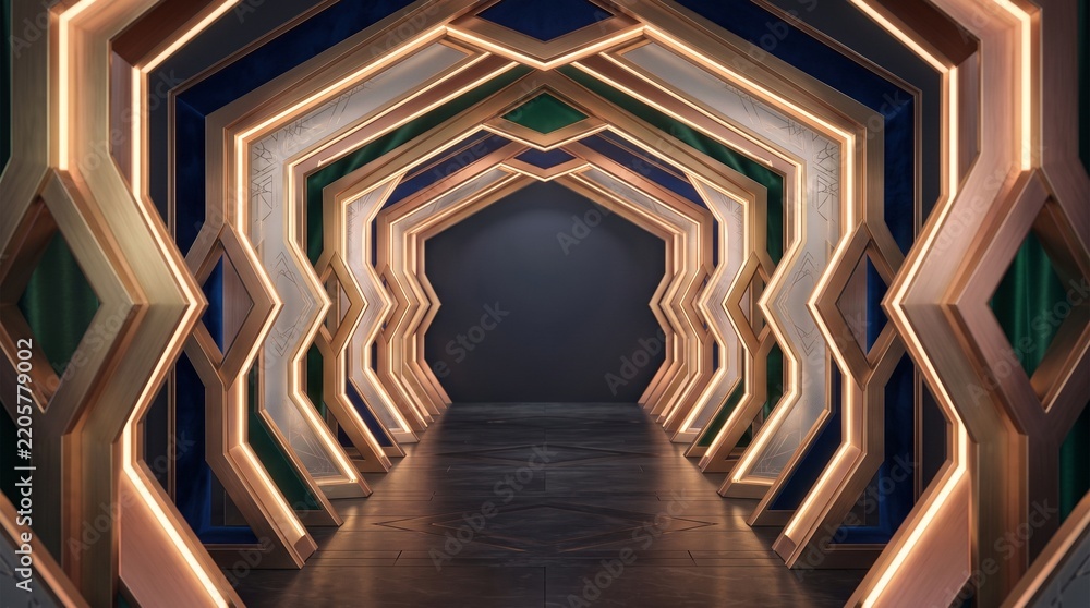 Obraz premium Abstract Geometric Tunnel with Gold Frames and LED Lighting 3D Background