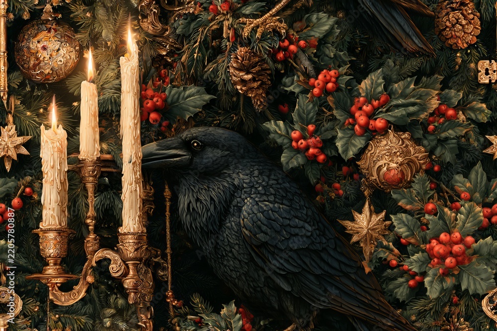 Obraz premium Seamless Victorian gothic Christmas pattern with candles, ravens, holly, ornate keys, pinecones and stars in black, burgundy, evergreen and antique gold, detailed vintage engraving