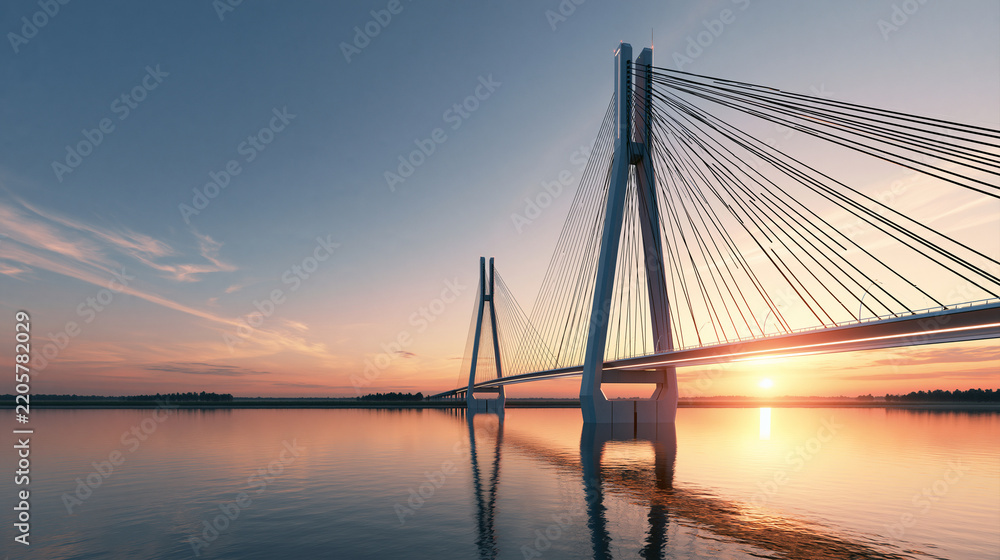 Obraz premium Modern cable stayed bridge over calm river at sunset displays white towers and geometric steel cables in warm sunlight.