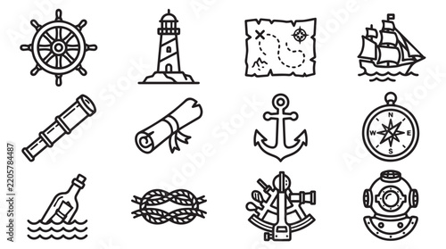 Nautical vector illustration set featuring black and white icons of marine navigation equipment ships lighthouse treasure map anchor and compass on isolated background