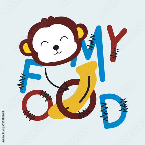 Cute little monkey, text, and cartoon vector illustration.