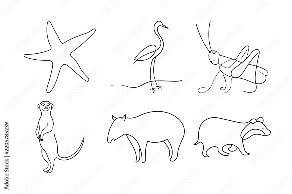Obraz premium Simple line art animal collection displays desert and marsh species in clean black ink style.