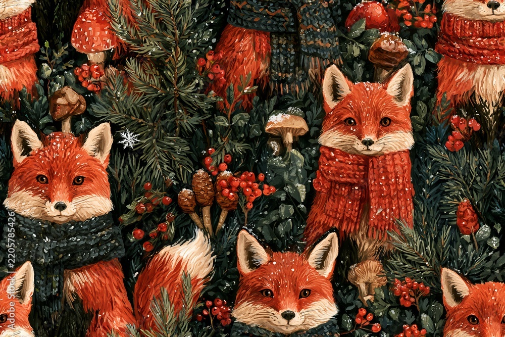 Obraz premium Seamless woodland Christmas pattern with red foxes wearing knitted scarves, pine branches, berries, mushrooms and snowflakes in rust orange, green, cranberry and cream, storybook gouache style