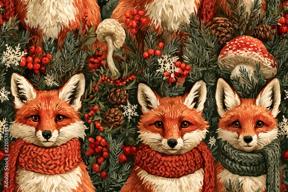 Obraz premium Seamless woodland Christmas pattern with red foxes wearing knitted scarves, pine branches, berries, mushrooms and snowflakes in rust orange, green, cranberry and cream, storybook gouache style