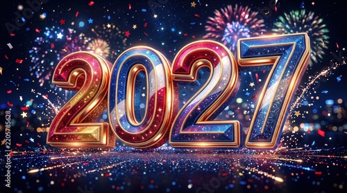 Patriotic 2027 New Year celebration background, red white blue 3D 2027 digits with glowing fireworks, festive sparkler light show for holiday events