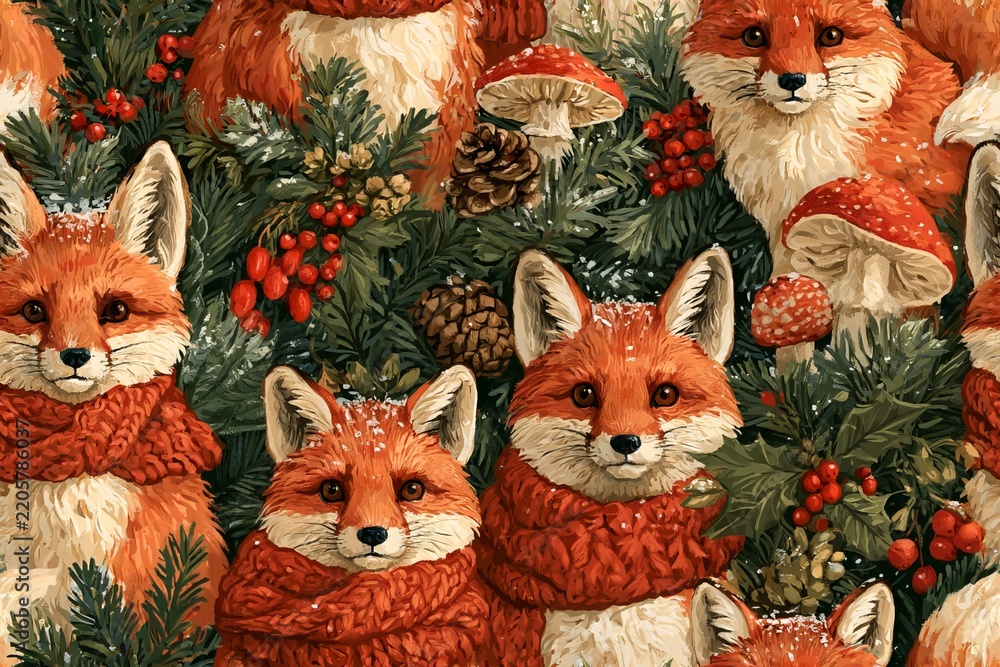 Obraz premium Seamless woodland Christmas pattern with red foxes wearing knitted scarves, pine branches, berries, mushrooms and snowflakes in rust orange, green, cranberry and cream, storybook gouache style
