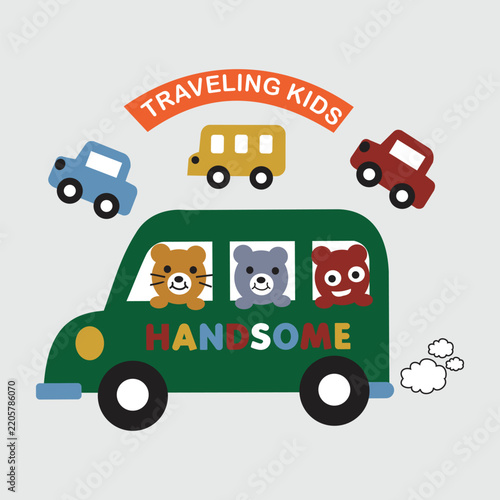 Cute bear and friends riding a bus – vector cartoon illustration.