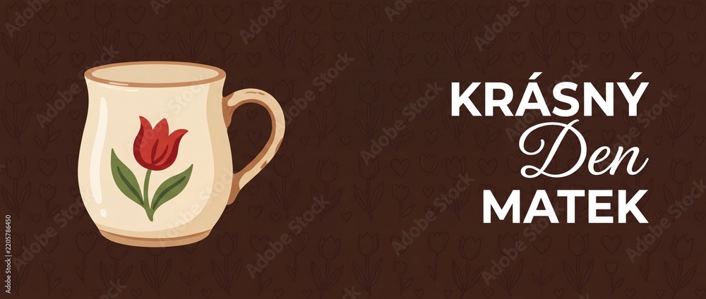 Obraz premium Czech Mothers Day Greeting Card with ceramic coffee mug and red tulip illustration, Krasny Den Matek banner template for festive holiday celebration, floral vector background for mom gift design