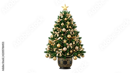 Elegant christmas tree with gold ornaments isolated on white isolated on transparent background