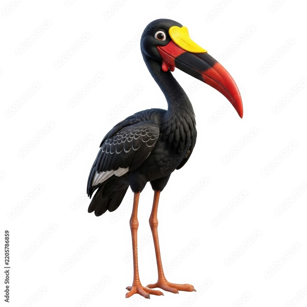 Fototapeta premium Black hornbill bird with colorful beak isolated on white background 