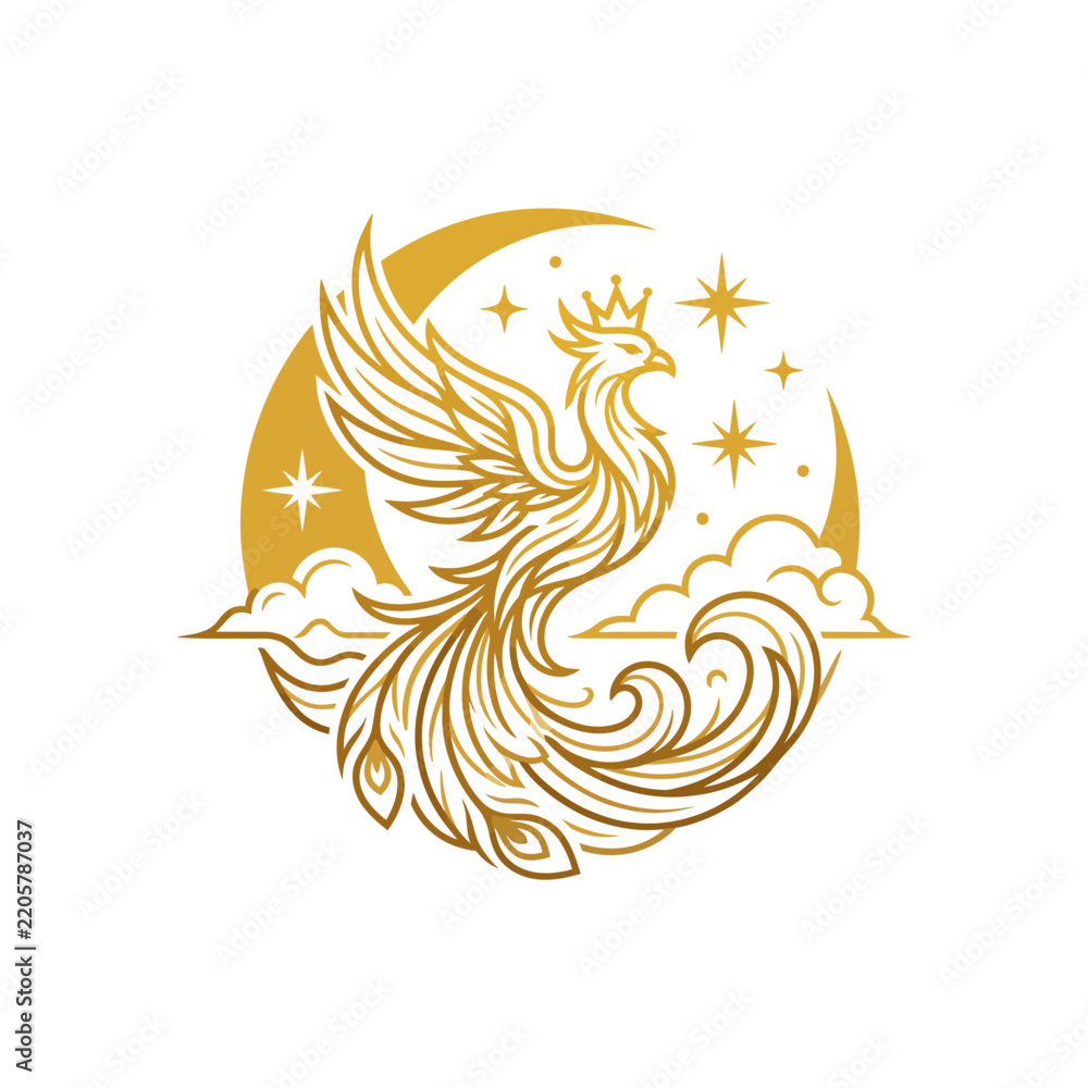 Obraz premium A beautifully crafted logo depicting a phoenix rising with stars, representing themes of rebirth and hope, suitable for wellness and personal growth brands.