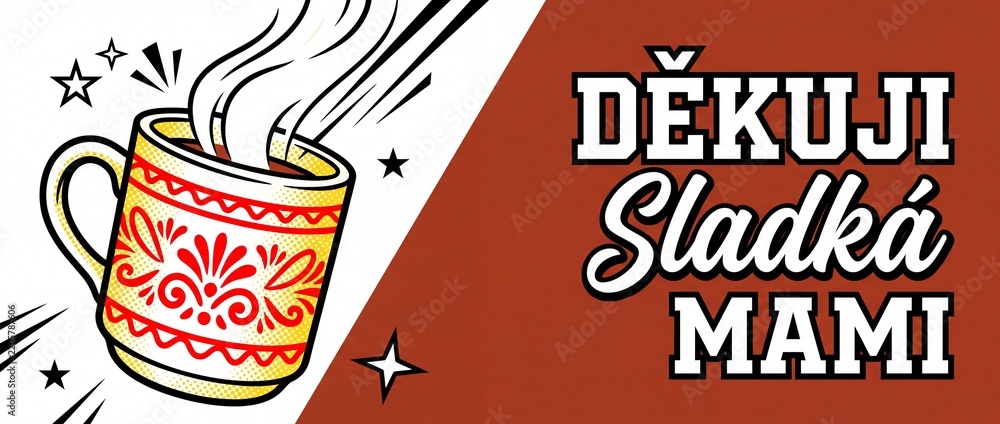 Obraz premium Czech Mothers Day Coffee Mug Pop Art Vintage Graphic Banner Dekuji Sladka Mami Greeting Card Design Steaming Hot Drink Tea Cup Illustration Folk Pattern Retro Style Mother Appreciation Den Matek