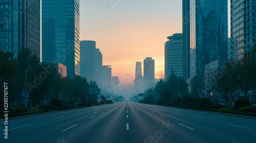 Overcast morning over a wide city road between tall modern buildings and distant haze.
