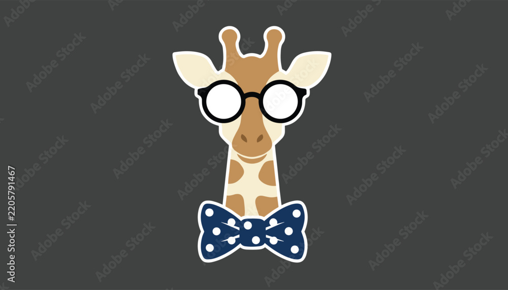 Obraz premium Cute cartoon hipster giraffe wearing black round glasses and a dark blue polka dot bow tie on a dark grey background.