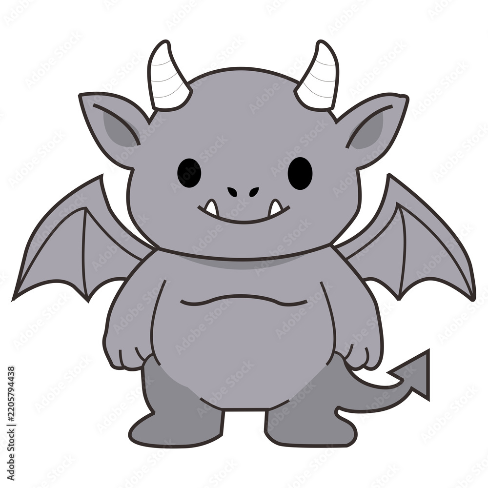 Fototapeta premium Cute grey gargoyle monster with horns and wings vector illustration isolated on white background. Kawaii demon character clipart.