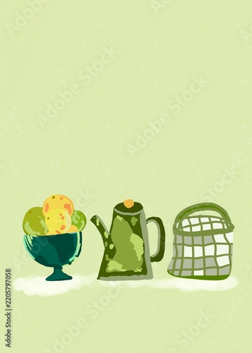 Whimsical Still Life with Green Teapot Fruit Bowl and Woven Basket