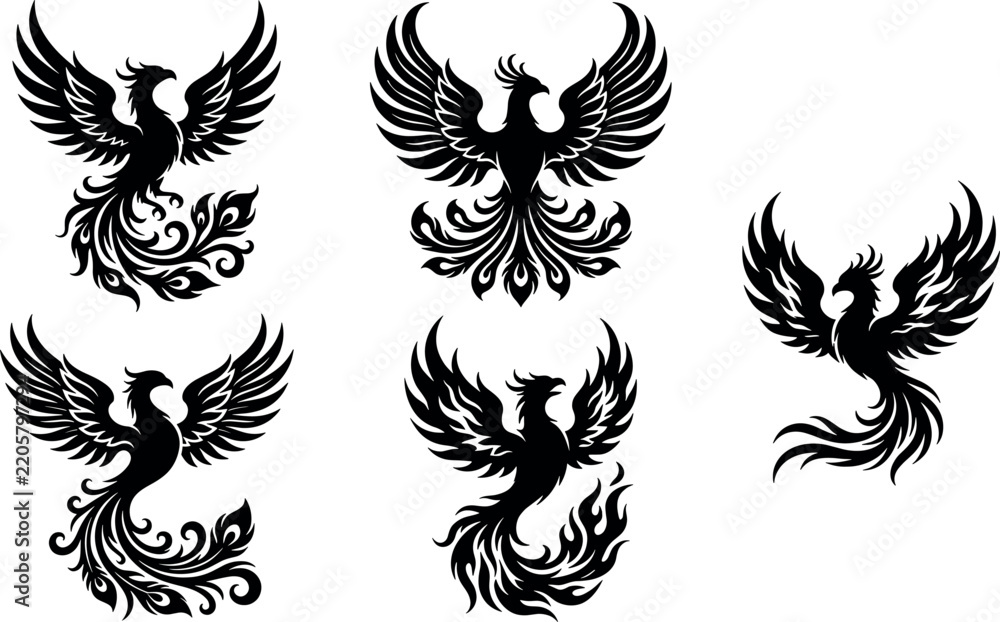 Fototapeta premium Majestic phoenix silhouette vector set featuring black mythical firebird icons with ornate wings and swirls for fantasy tattoo design layout