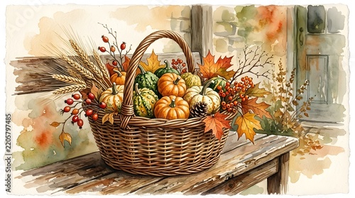 Cozy Autumn Halloween Harvest Basket Watercolor Painting with Pumpkins, Gourds, Seasonal Leaves, and Rustic Countryside Charm