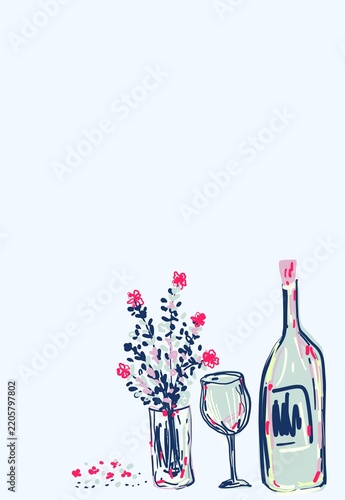 Wine Bottle Glass and Flower Vase on Minimal Pastel Background