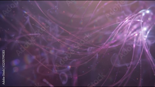 Telecommunications fiber optics emerge as fine translucent magenta filaments embedded abstract material background