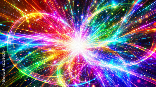 虹色のRGB発光リングが広がるパチンコ風演出のVFX背景
Pachinko-style RGB glowing rings and radiant light VFX background